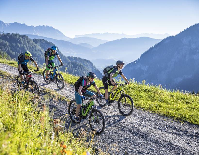 Vier Mountainbiker in den Bergen mit Panorama auf das Salzburgerland
