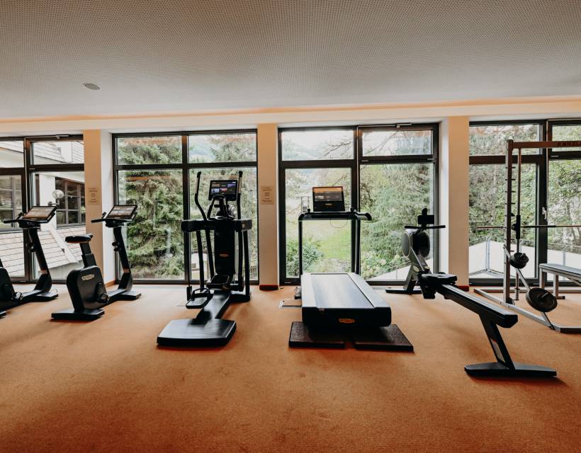Fitnessraum im Hotel mit Fitnessgeräten, Laufbändern, Rudergerät, Hantelbank