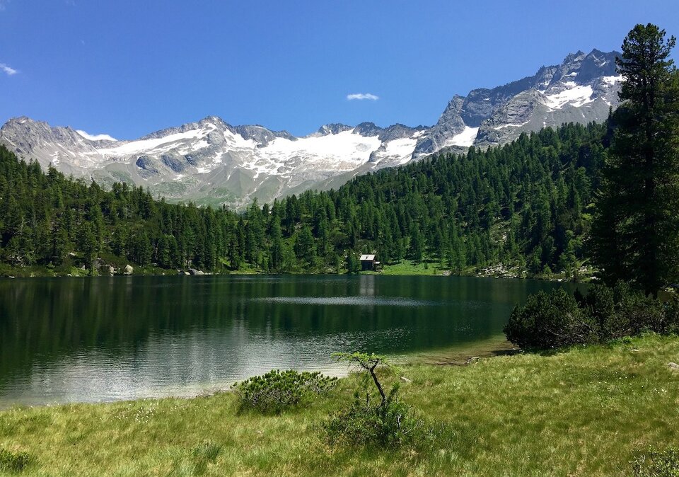 Badesee in sommerlicher Berglandschaft