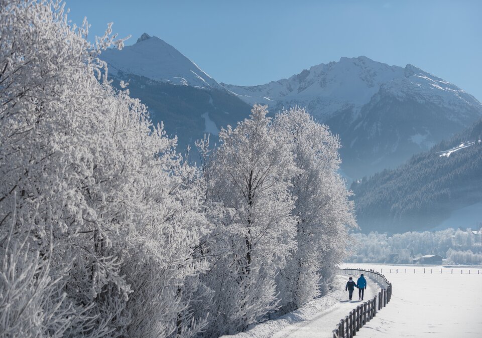 Verschneiter Winter-Wanderweg mit Spaziergängern