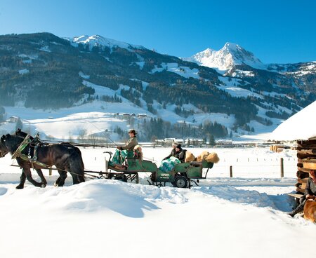 Verschneite Winterlandschaft mit Pferdeschlitten
